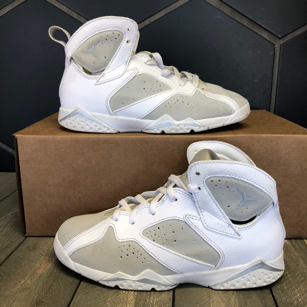 <Used W/O Box! Youth Air Jordan 7 Pure Money PS White Grey Sneakers Size 3Y